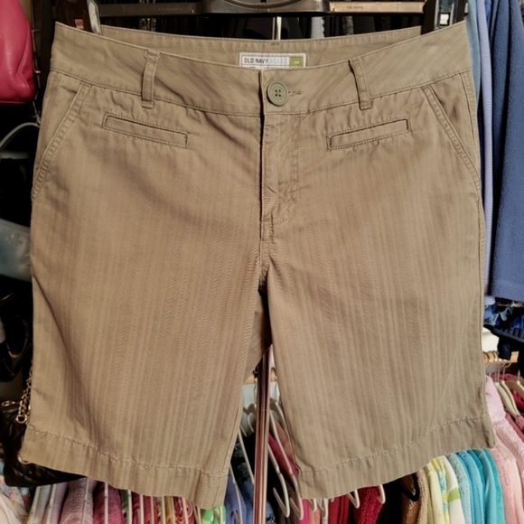 OLD NAVY ♡ Sweet Military Green Cotton Low Waist Bengal Striped Bermuda Shorts 6 - Picture 1 of 16
